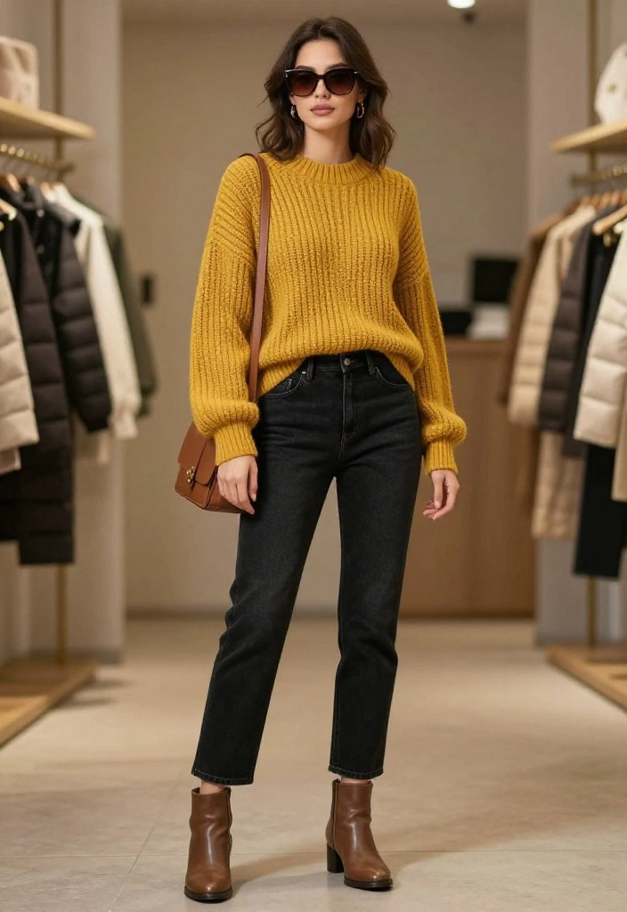 15 Chic Winter Outfits for American Women That Will Turn Heads This Season! - 1. Cozy Knit Sweater with High-Waisted Jeans 1