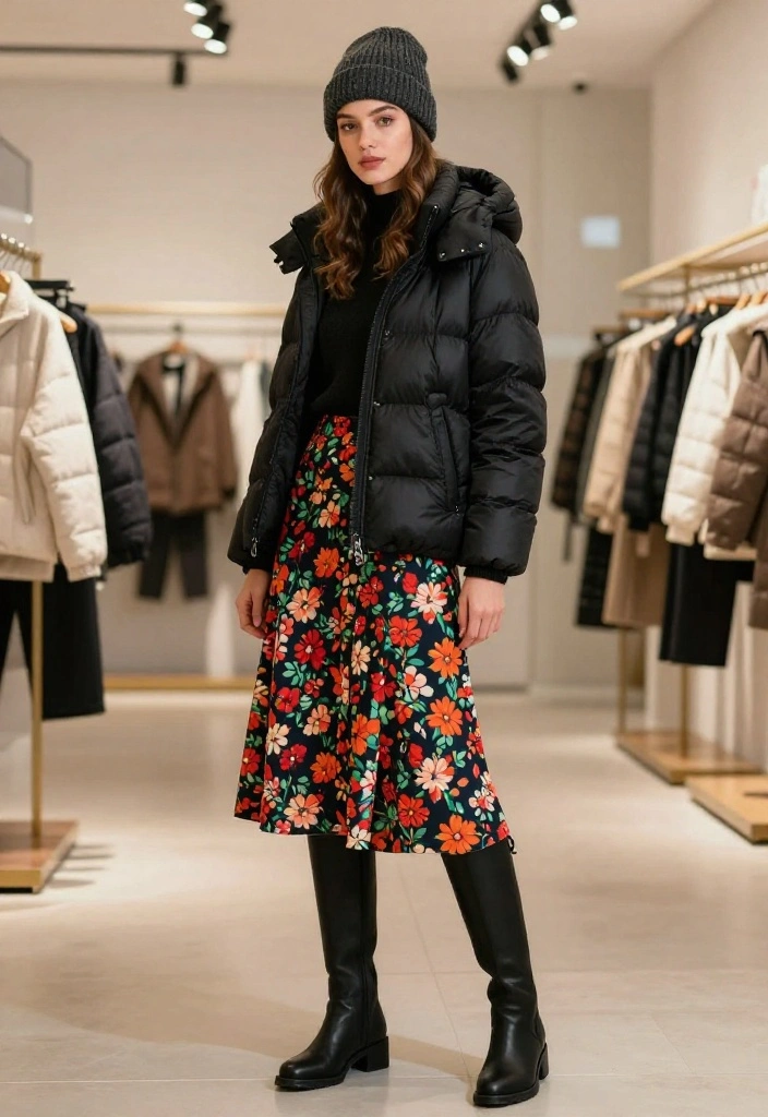 15 Chic Winter Outfits for American Women That Will Turn Heads This Season! - 2. Stylish Puffer Jacket and Midi Skirt Combo 1