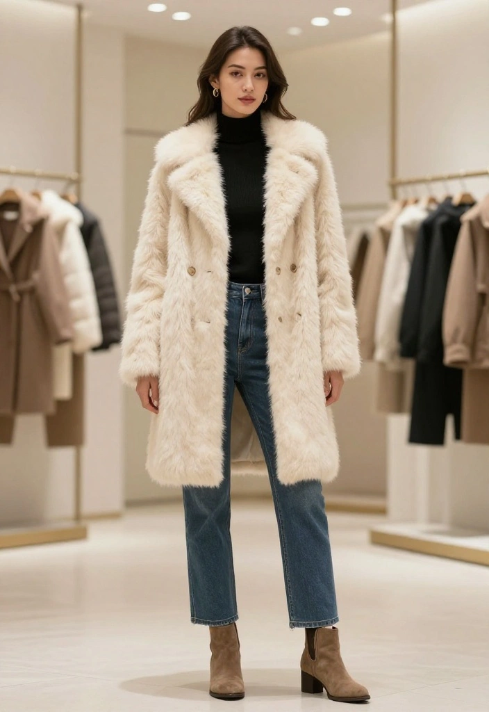 15 Chic Winter Outfits for American Women That Will Turn Heads This Season! - 6. Fluffy Faux Fur Coat and Classic Jeans 1