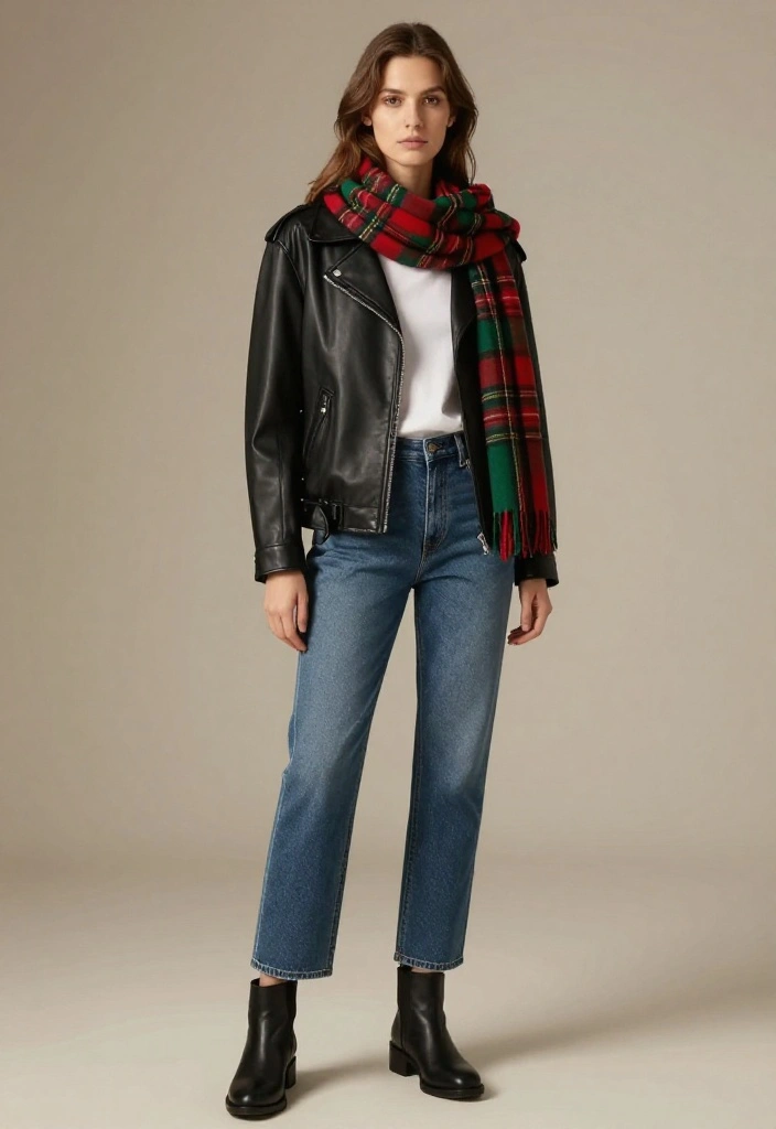 15 Chic Winter Outfits for American Women That Will Turn Heads This Season! - 8. Tartan Scarf with Leather Jacket 1