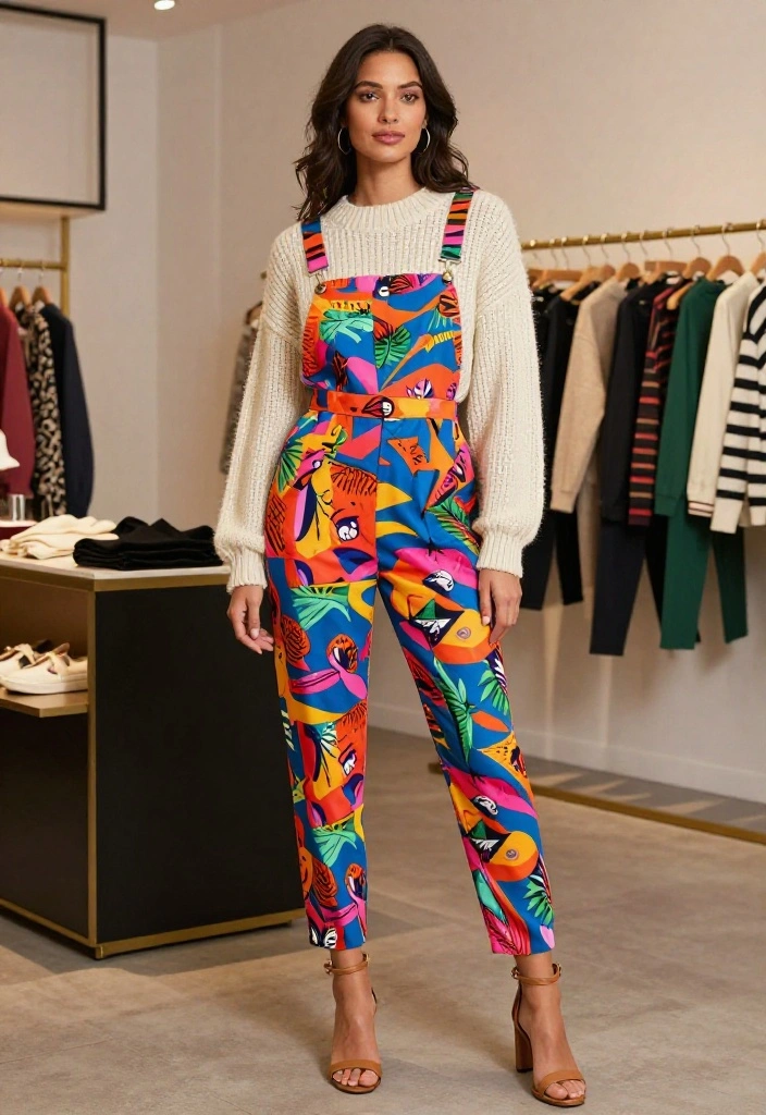 15 Chic Winter Outfits for American Women That Will Turn Heads This Season! - 9. Printed Jumpsuit with Chunky Knit Sweater 1